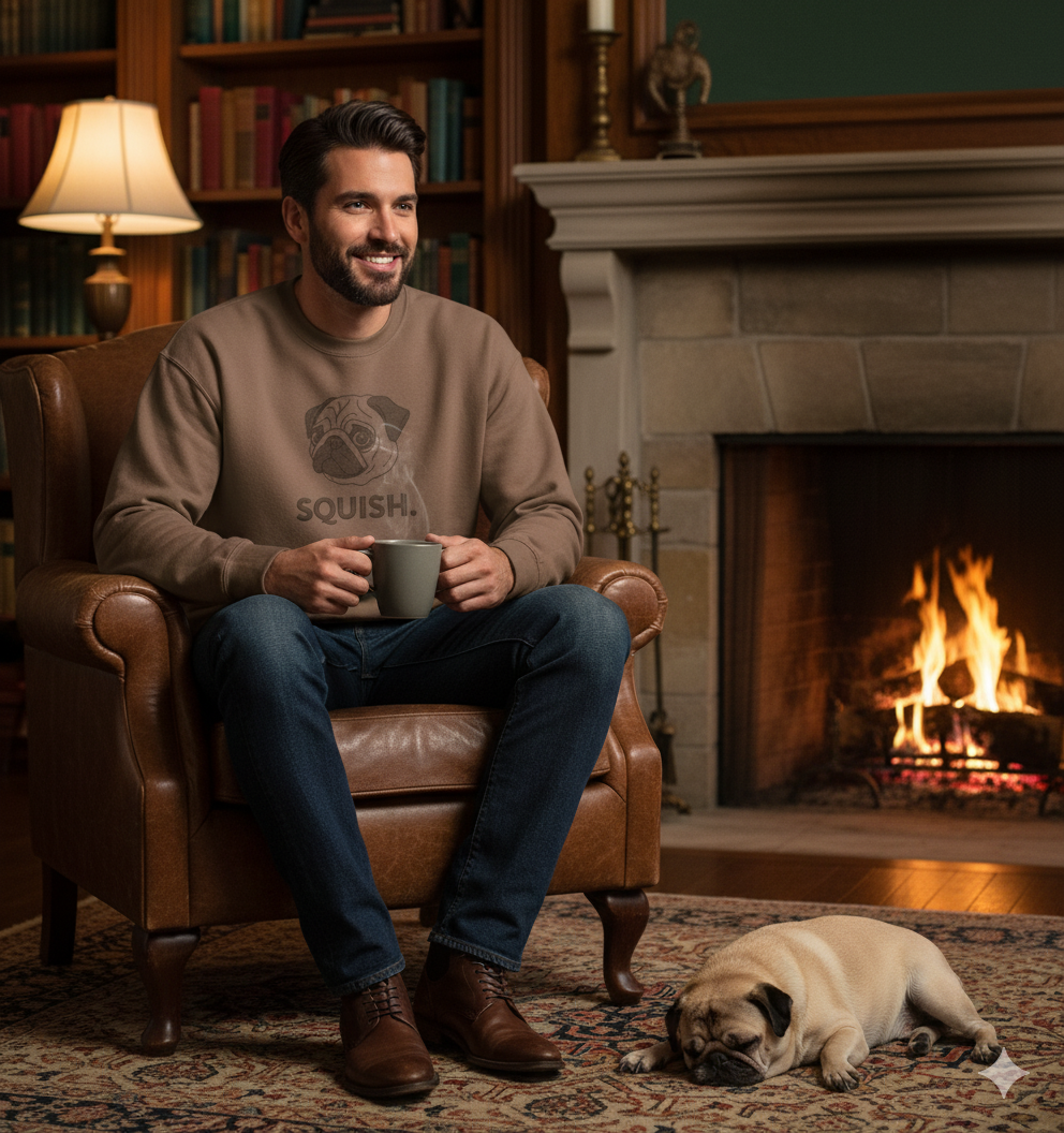 Cozy brown leather armchair with Pug Sweatshirt Squish dog lover crewneck design