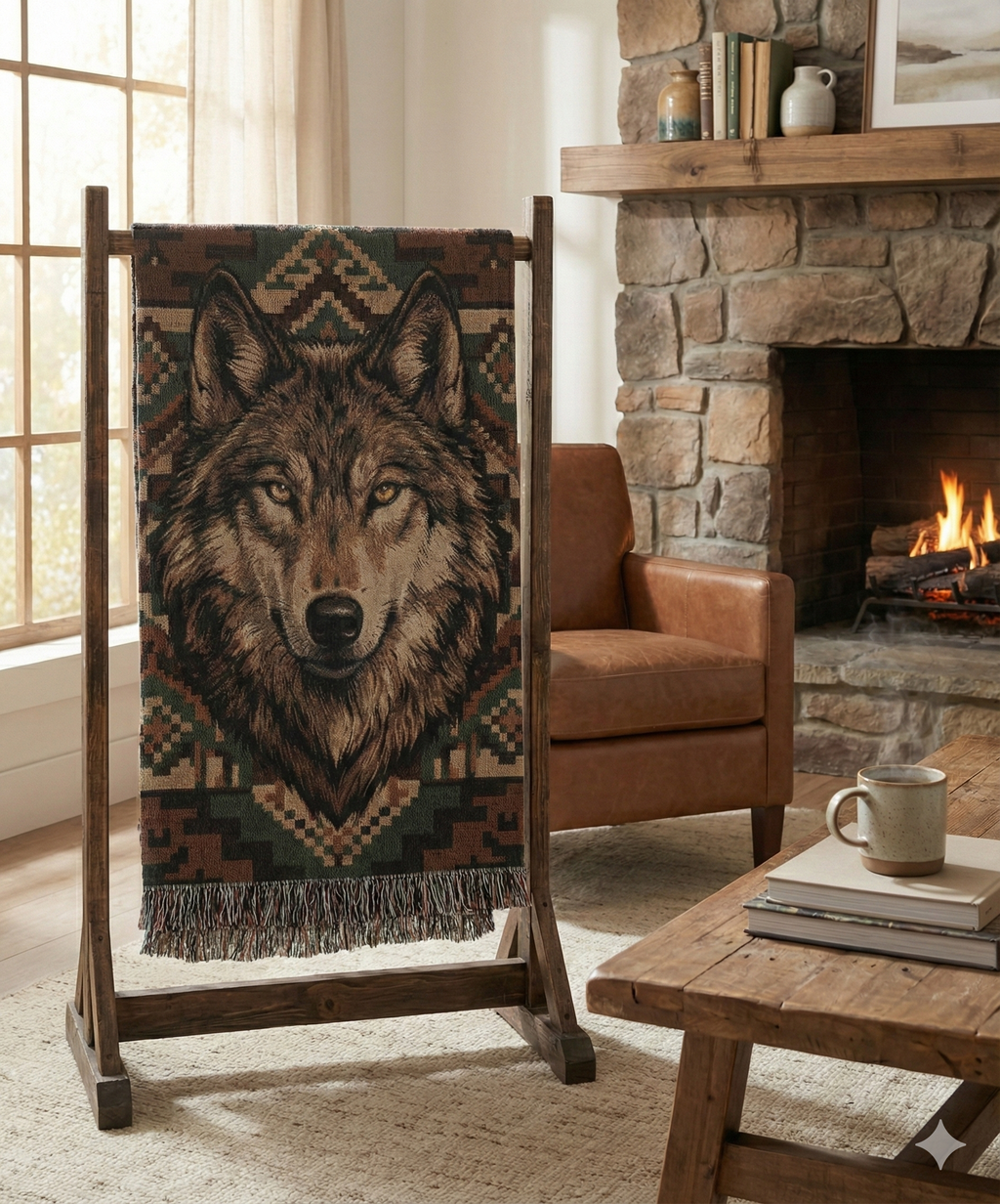 Wolf Woven Cotton Blanket – Wildlife Lodge Throw Nature Lover Gifts