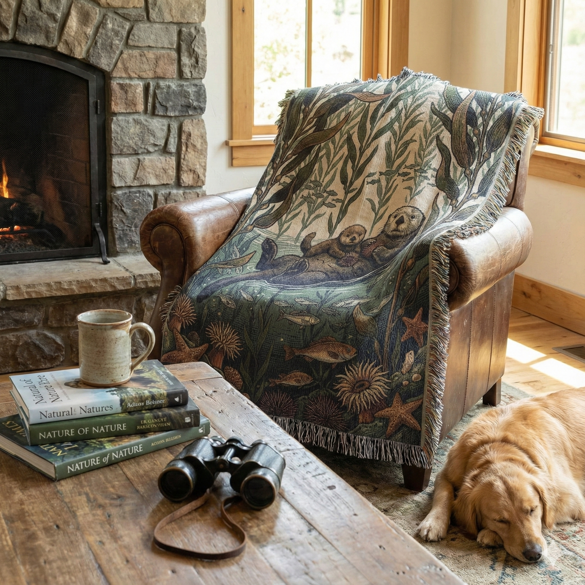 Sea Otter & Kelp Forest Woven Tapestry Throw | Vintage Style Cotton Blanket