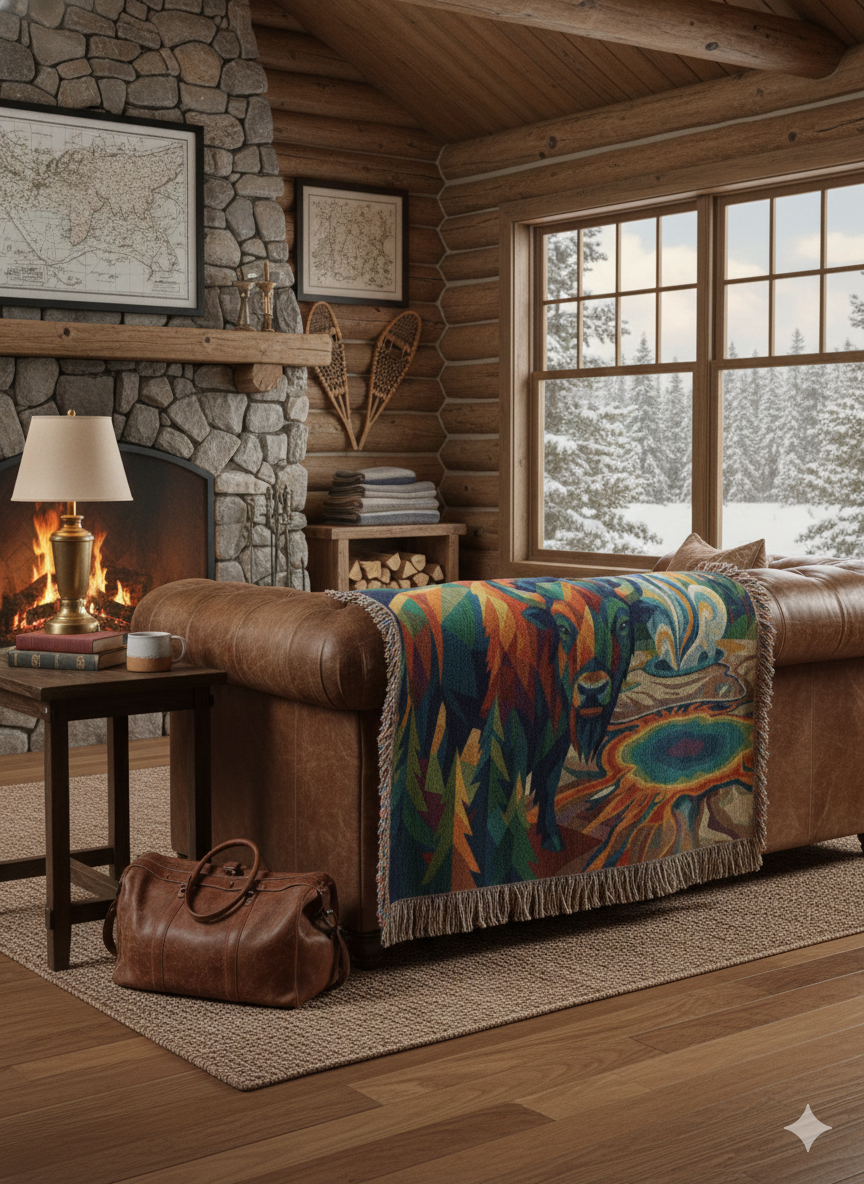 Yellowstone Bison – Geometric Woven Cotton Blanket Wildlife and Nature Gift