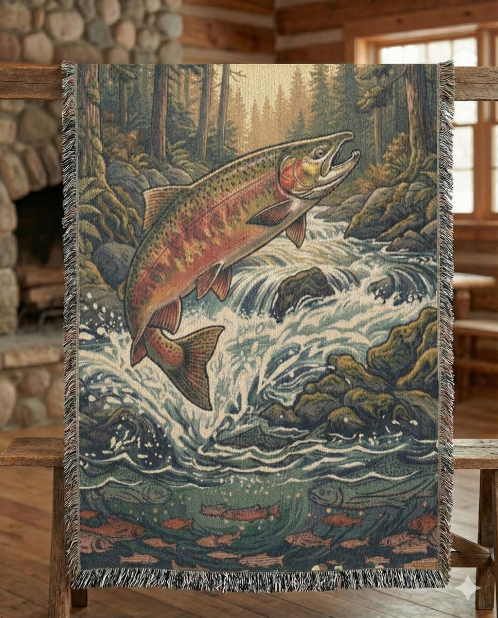 "The River King" – Woven Tapestry Throw & Wall Art | Leaping Rainbow Trout | Luxury Fly Fishing & Cabin Decor