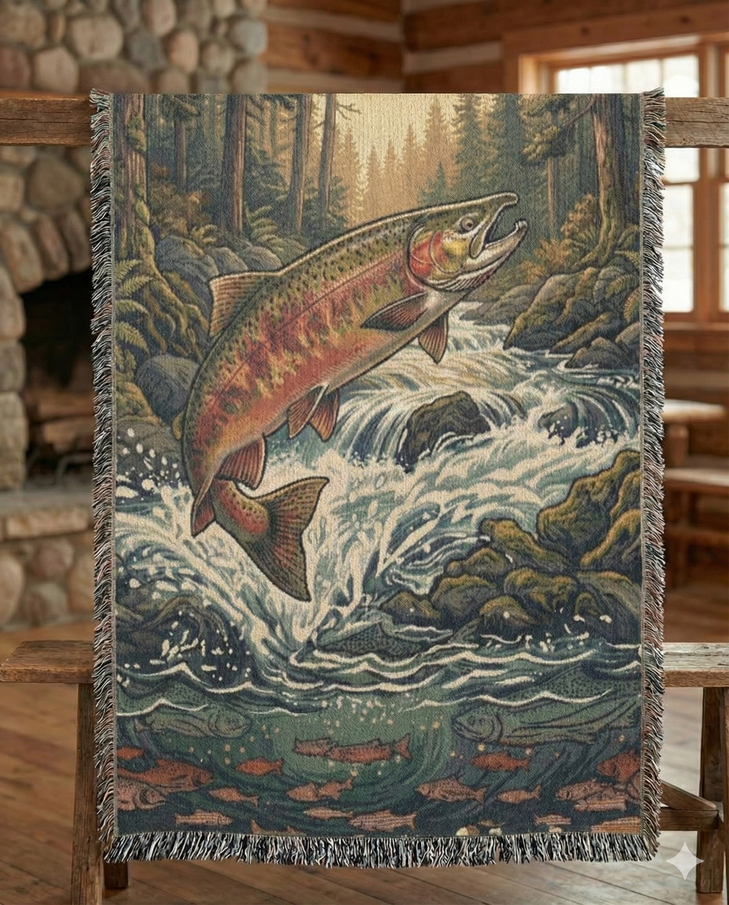 "The River King" – Woven Tapestry Throw & Wall Art | Leaping Rainbow Trout | Luxury Fly Fishing & Cabin Decor