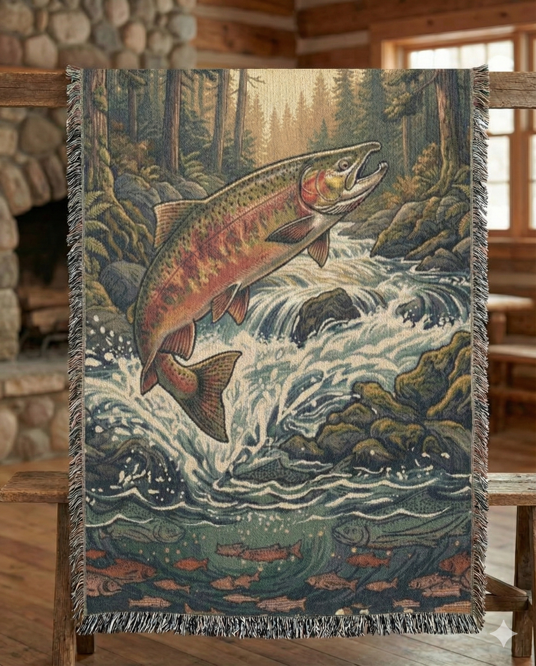 "The River King" – Woven Tapestry Throw & Wall Art | Leaping Rainbow Trout | Luxury Fly Fishing & Cabin Decor