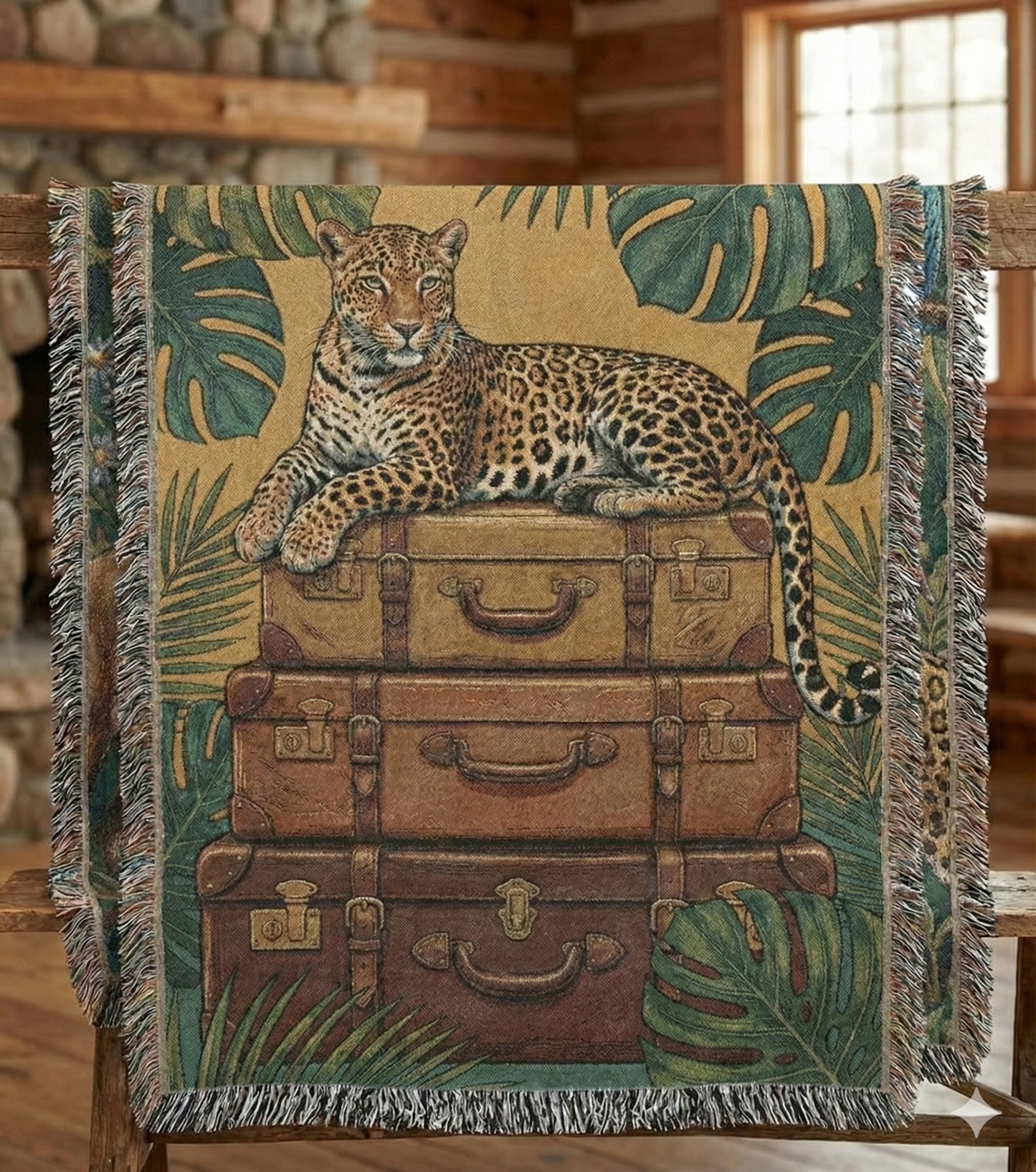The Safari Stopover – Woven Tapestry Throw & Wall Art | Majestic Jaguar on Vintage Leather Trunks | Luxury Maximalist Jungle Decor