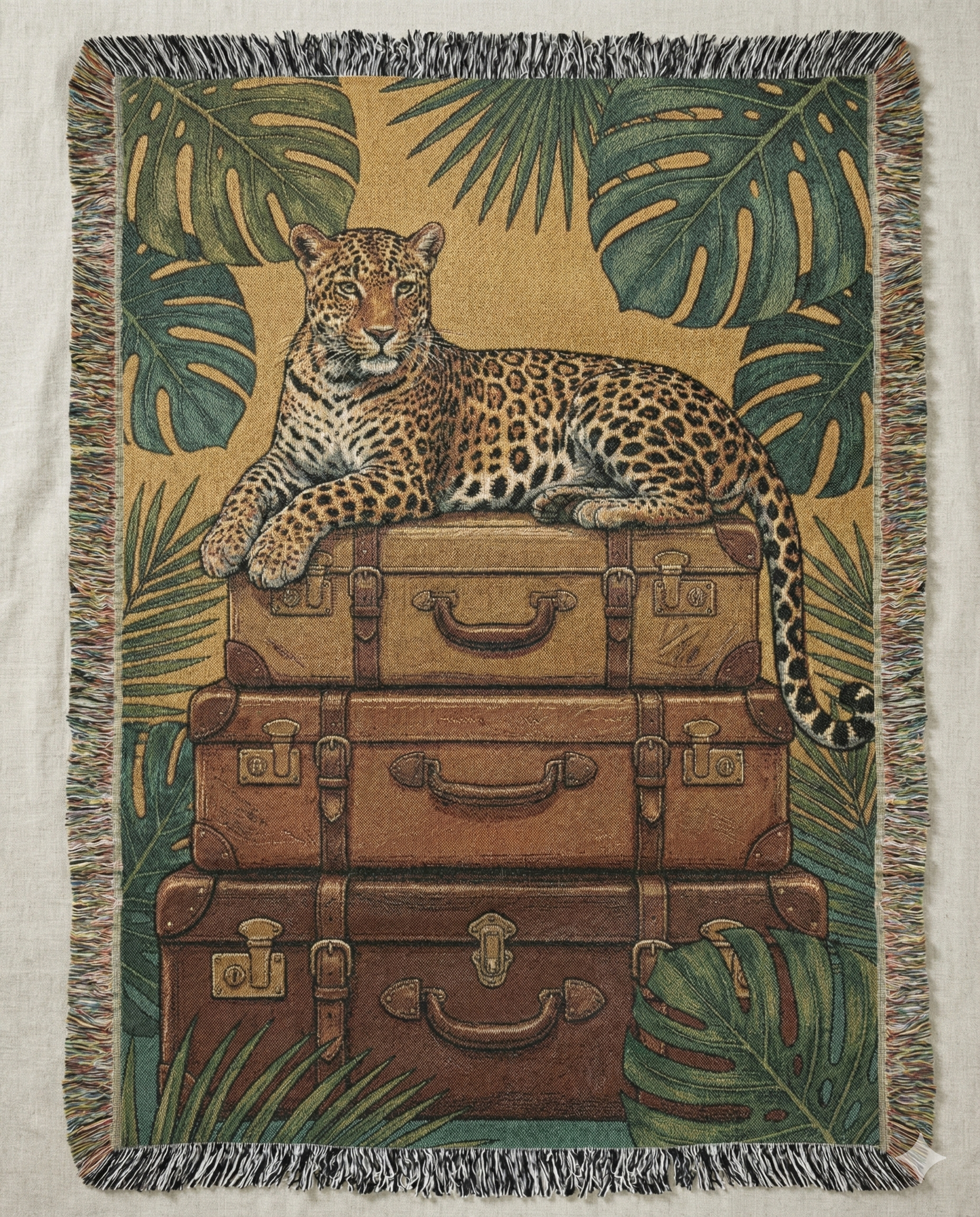 The Safari Stopover – Woven Tapestry Throw & Wall Art | Majestic Jaguar on Vintage Leather Trunks | Luxury Maximalist Jungle Decor