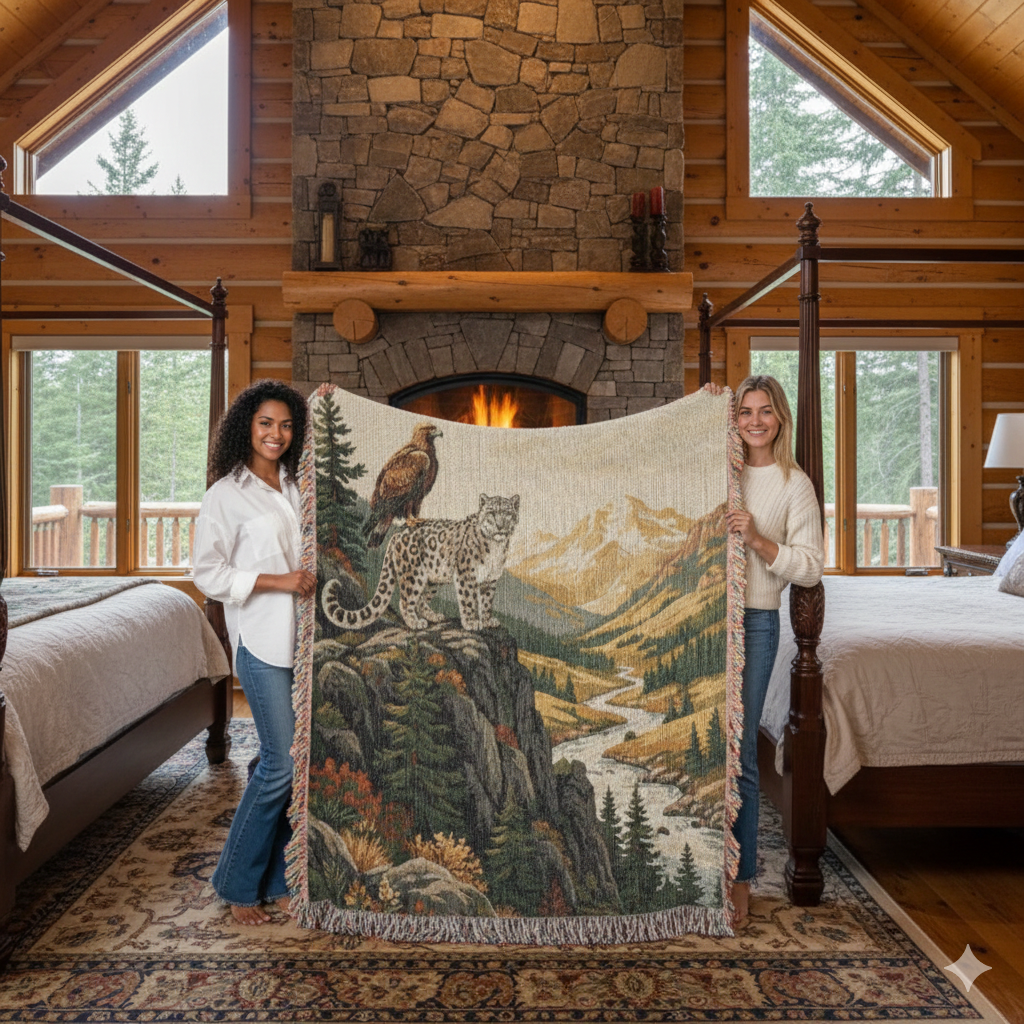 Snow Leopard & Golden Eagle Woven Cotton Blanket – Alpine Wildlife Throw Nature Lover Gifts