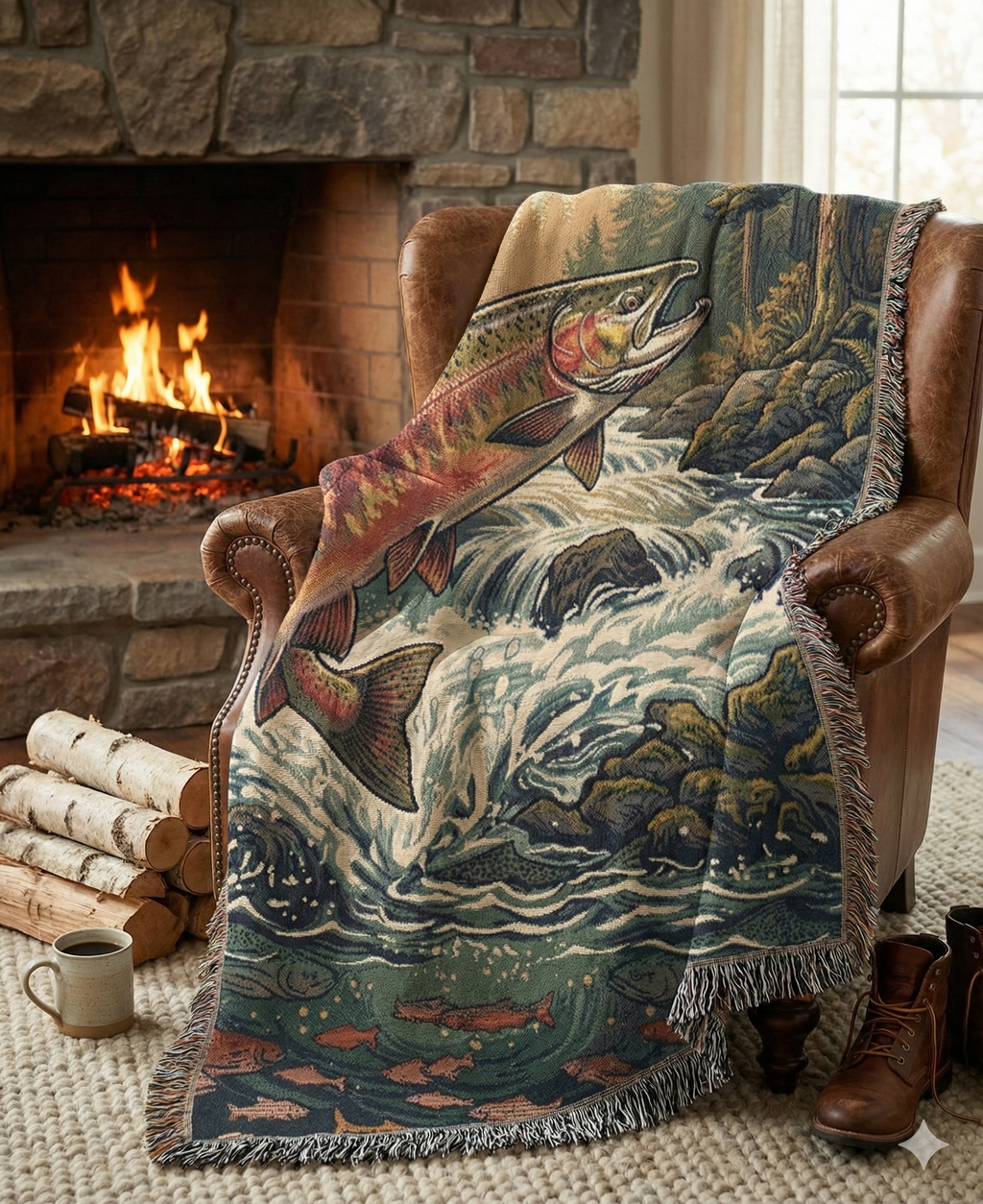 "The River King" – Woven Tapestry Throw & Wall Art | Leaping Rainbow Trout | Luxury Fly Fishing & Cabin Decor