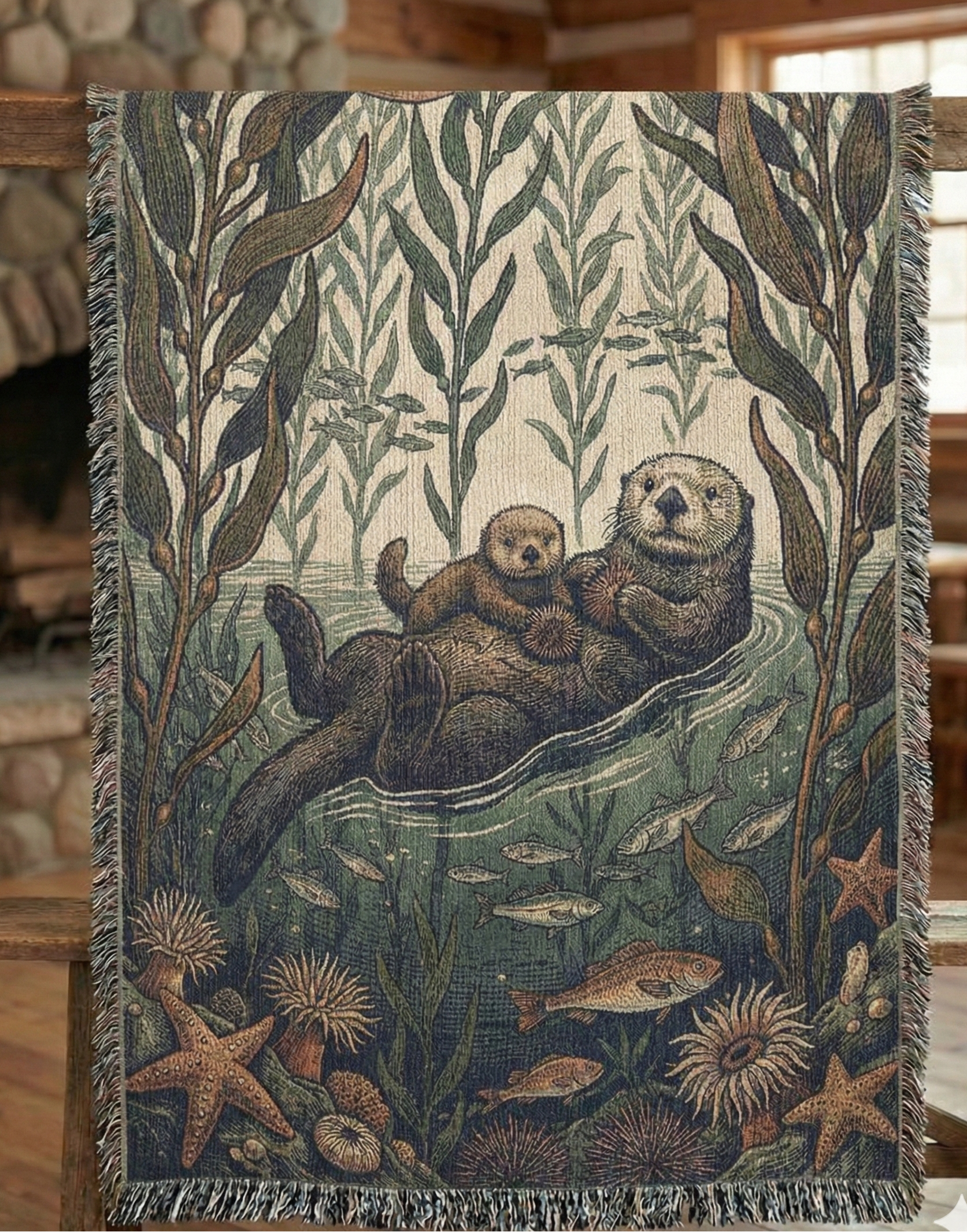 Sea Otter & Kelp Forest Woven Tapestry Throw | Vintage Style Cotton Blanket