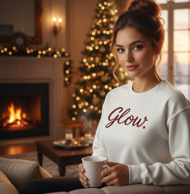 White glow embroidered Christmas sweatshirt with maroon text