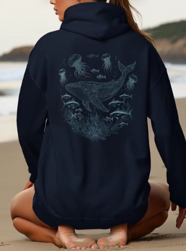 Navy blue whale shark hoodie with ethereal ocean fish and jellyfish design
