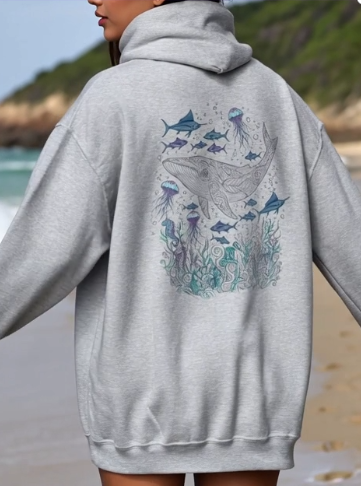 Oversized grey whale shark sweatshirt with underwater ocean scene design