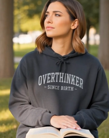 Charcoal gray Comfort Colors graphic overthinker hoodie with drawstring hood