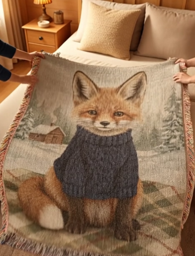 Fox Winter Cabin Woven Blanket – Vintage Inspired Woodland Art Throw, Rustic Lodge Decor, Cabin-Core Animal Illustration