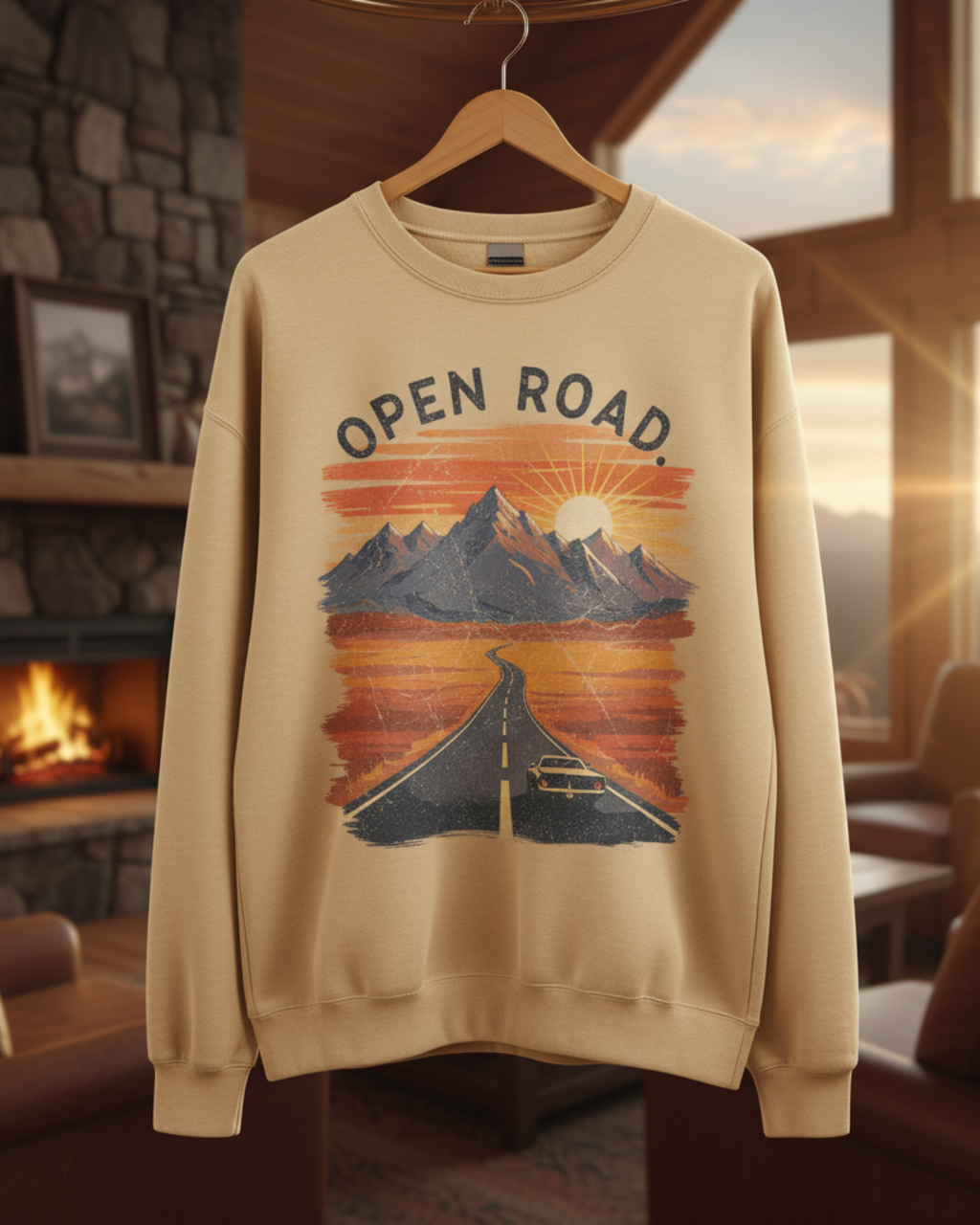 Beige mountain crewneck sweatshirt with desert highway graphic