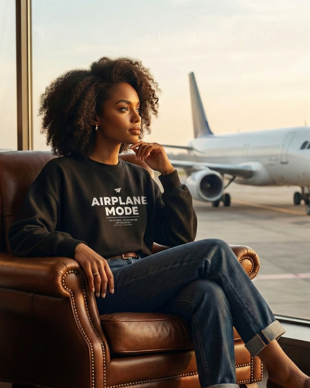 Unisex black airplane mode crewneck sweatshirt in leather armchair