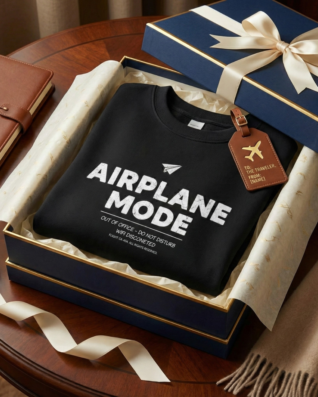 Unisex black airplane mode crewneck sweatshirt in gift box