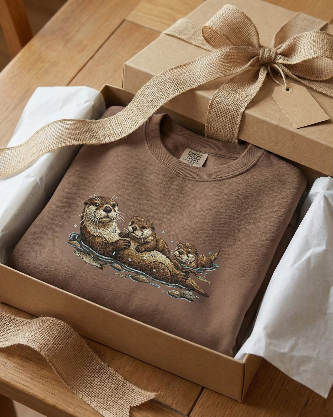 Cozy wildlife animal family crewneck otter sweatshirt with bow and ribbon