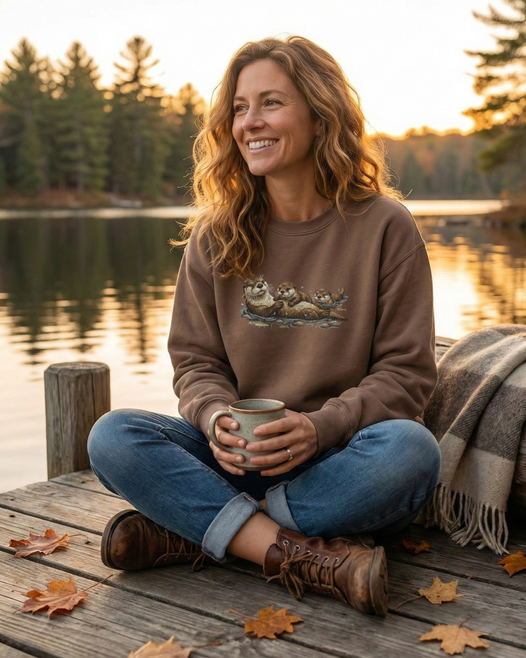 Cozy wildlife animal otter sweatshirt in brown crewneck design