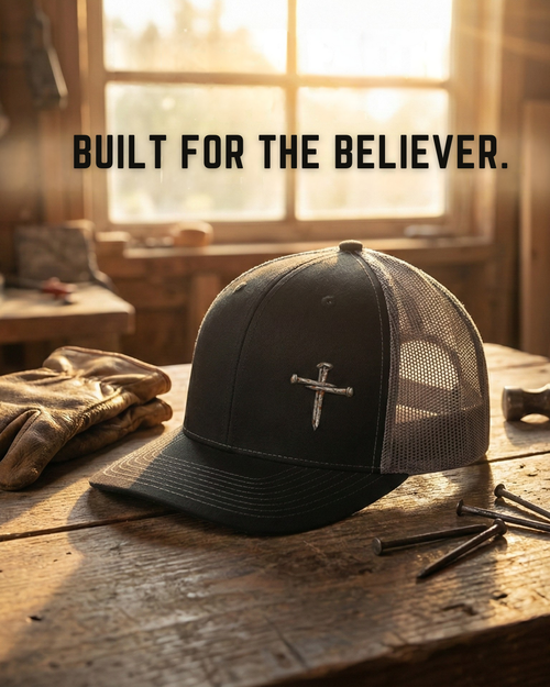 Black nail cross embroidered trucker hat, Richardson 112 Christian faith cap