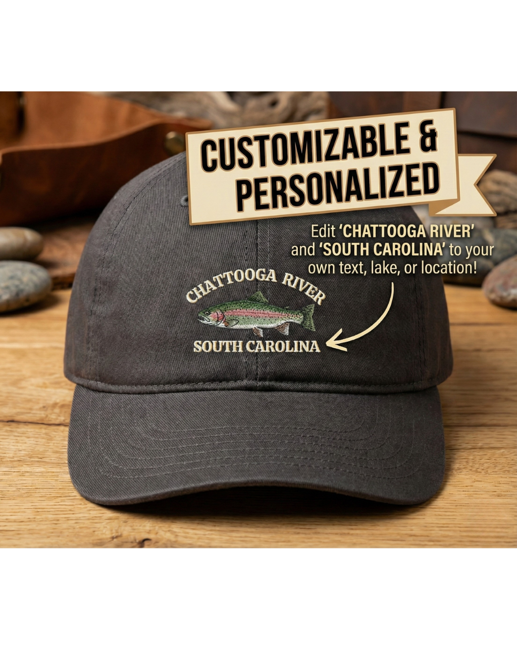 Personalized Rainbow Trout Hat - Custom Fishing Location Cap Fishing Gifts