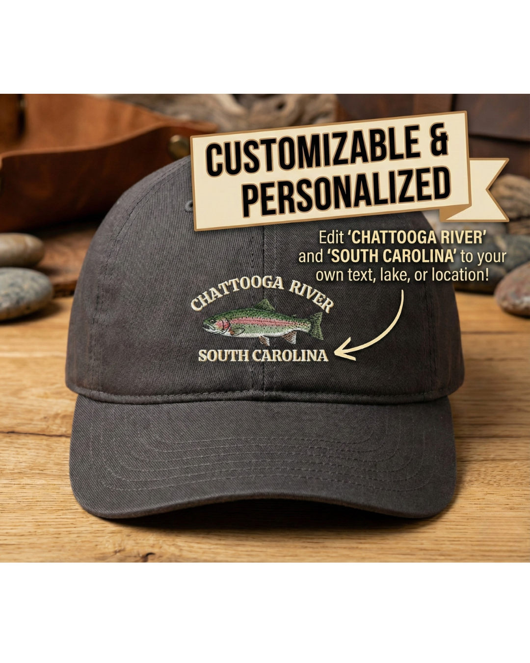 Personalized Rainbow Trout Hat - Custom Fishing Location Cap Fishing Gifts