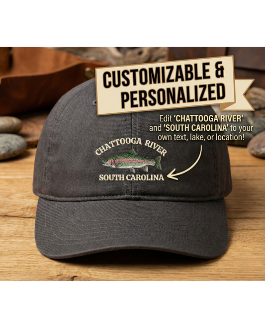 Personalized Rainbow Trout Hat - Custom Fishing Location Cap Fishing Gifts
