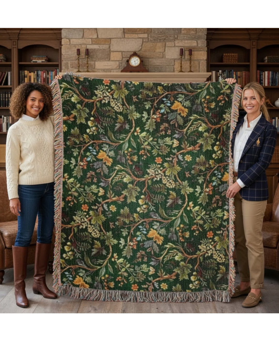 Forest Woodland Woven Throw Blanket – Botanical Cotton Tapestry with Fringe | Trini Skies