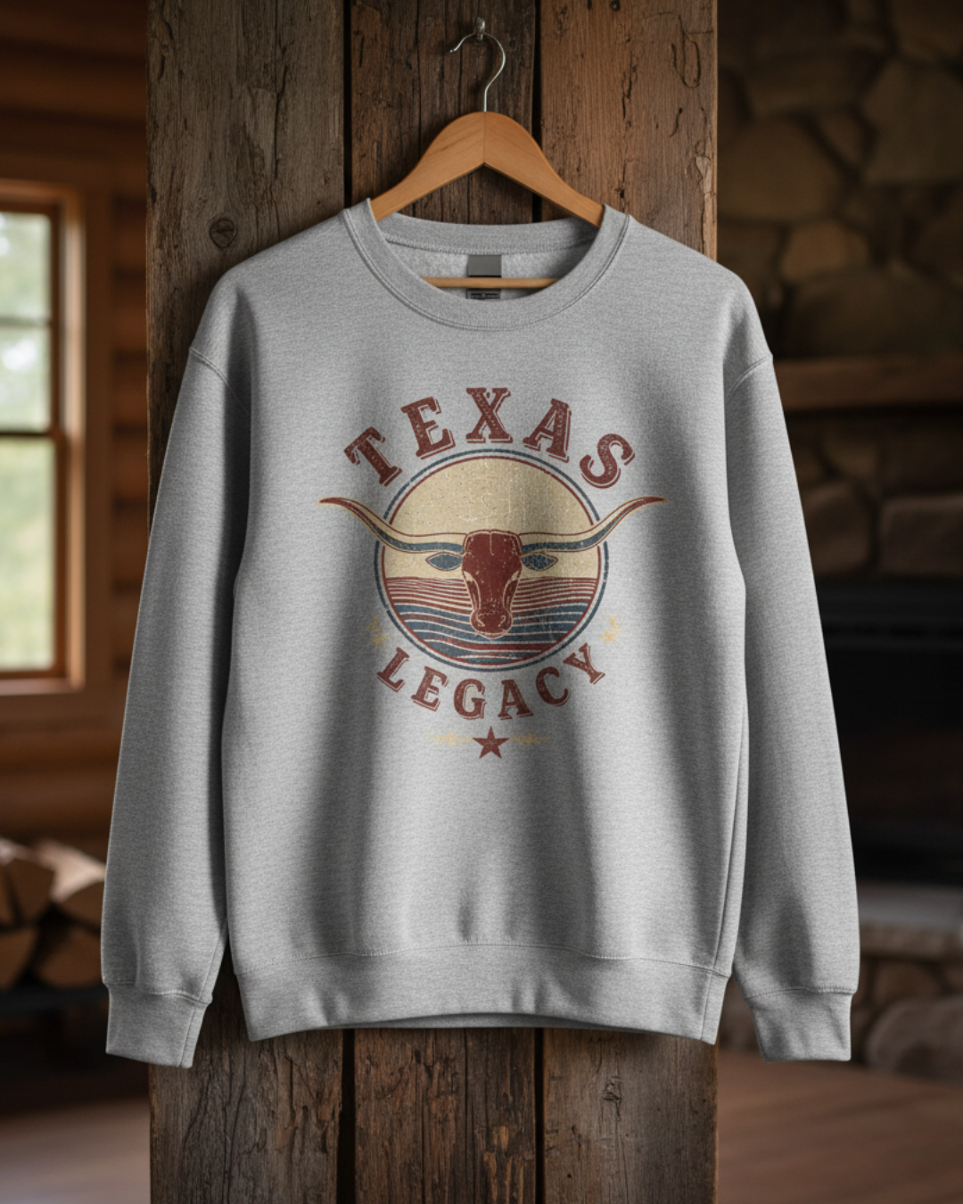 Gray Texas Legacy sweatshirt with longhorn graphic on wooden post