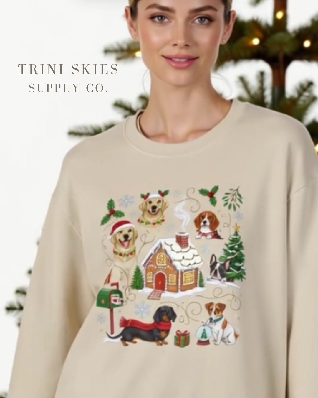 Beige Christmas dog sweatshirt with cute holiday gingerbread house design