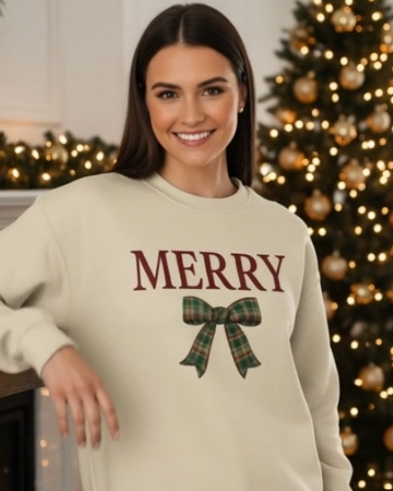 Merry Christmas cream sweater with plaid bow and merry text