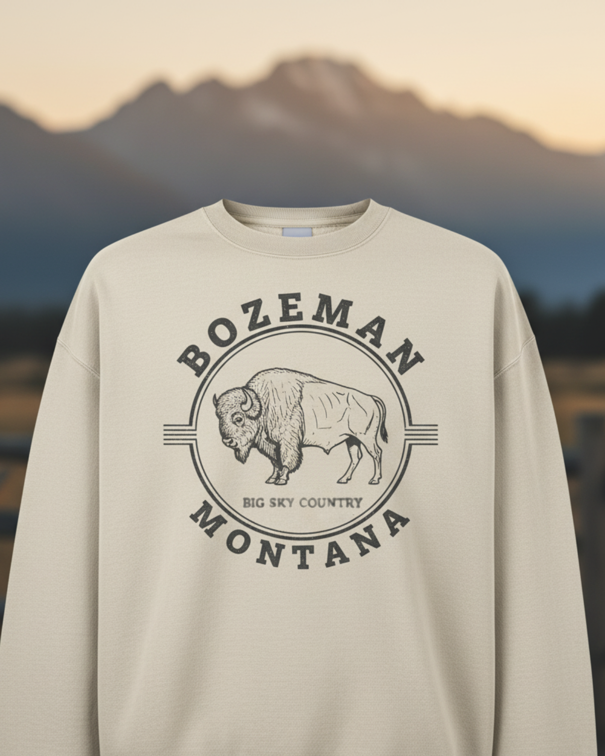Cream Bozeman Montana bison graphic sweatshirt in Big Sky Country