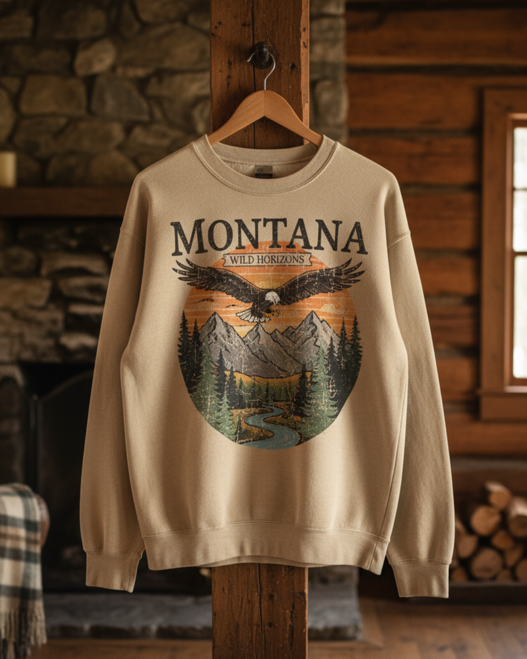 Beige Montana sweatshirt with eagle mountain graphic design