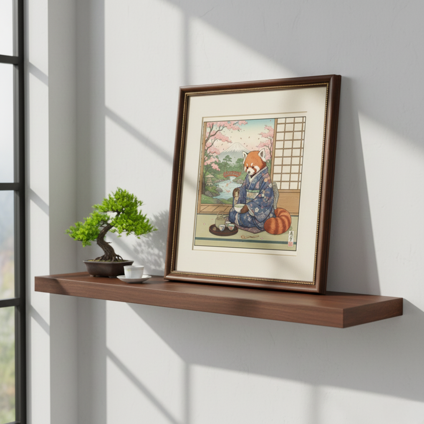 Red Panda Tea Ceremony Art Print – Japanese-Inspired Wildlife Illustration | Ukiyo-e Style Wall Art
