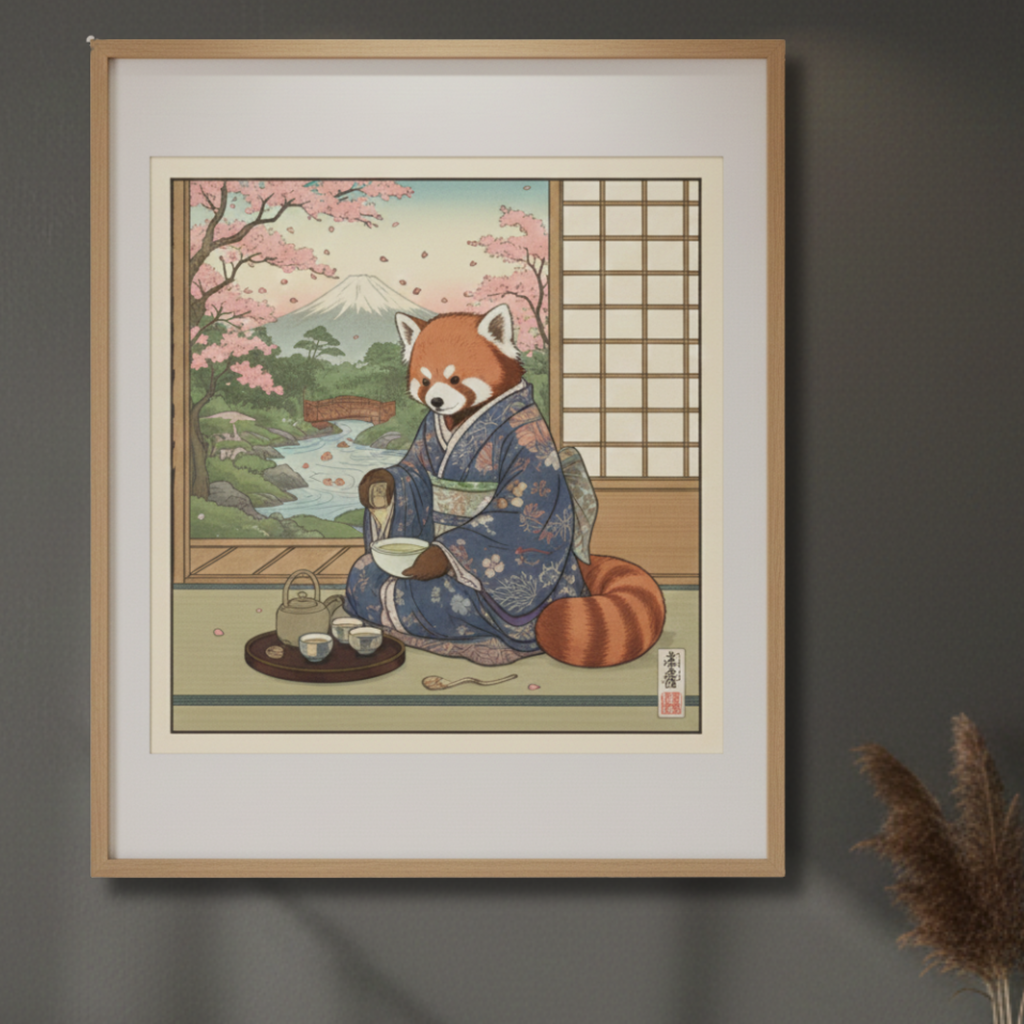 Red Panda Tea Ceremony Art Print – Japanese-Inspired Wildlife Illustration | Ukiyo-e Style Wall Art