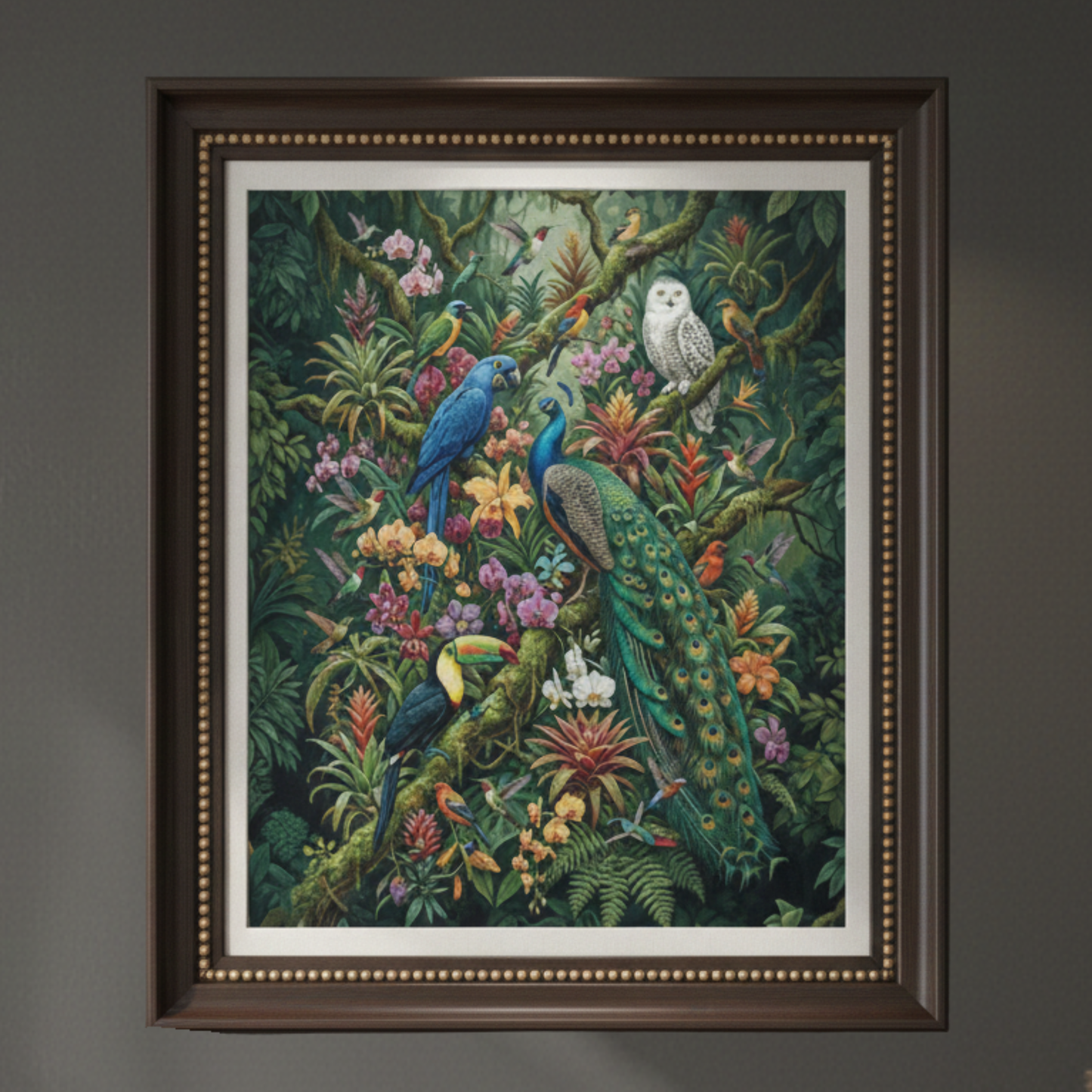 Tropical Aviary Art Print – Vibrant Peacock & Exotic Birds Botanical Wall Art