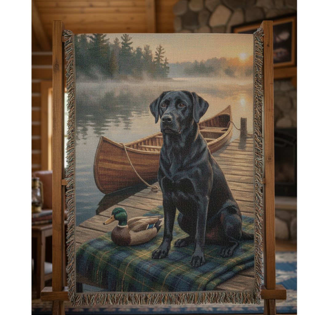 Black Lab by the Dock –  Labrador Retrievers Woven Cotton Heritage Blanket Pet Lovers Gift