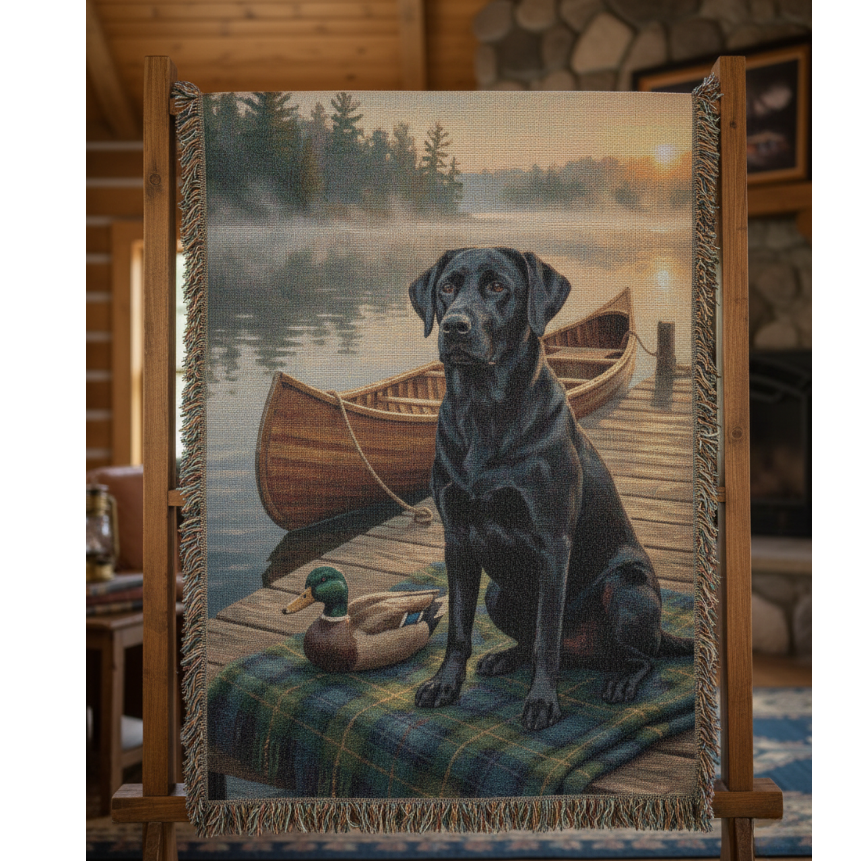 Black Lab by the Dock –  Labrador Retrievers Woven Cotton Heritage Blanket Pet Lovers Gift