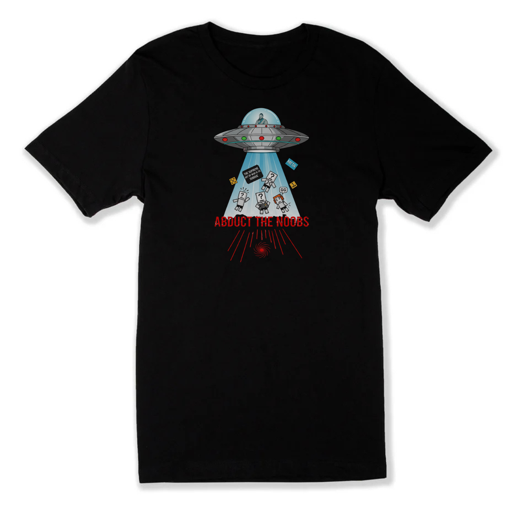 Black UFO graphic tee with abduction humor and alien text