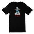 Black UFO graphic tee with abduction humor and alien text