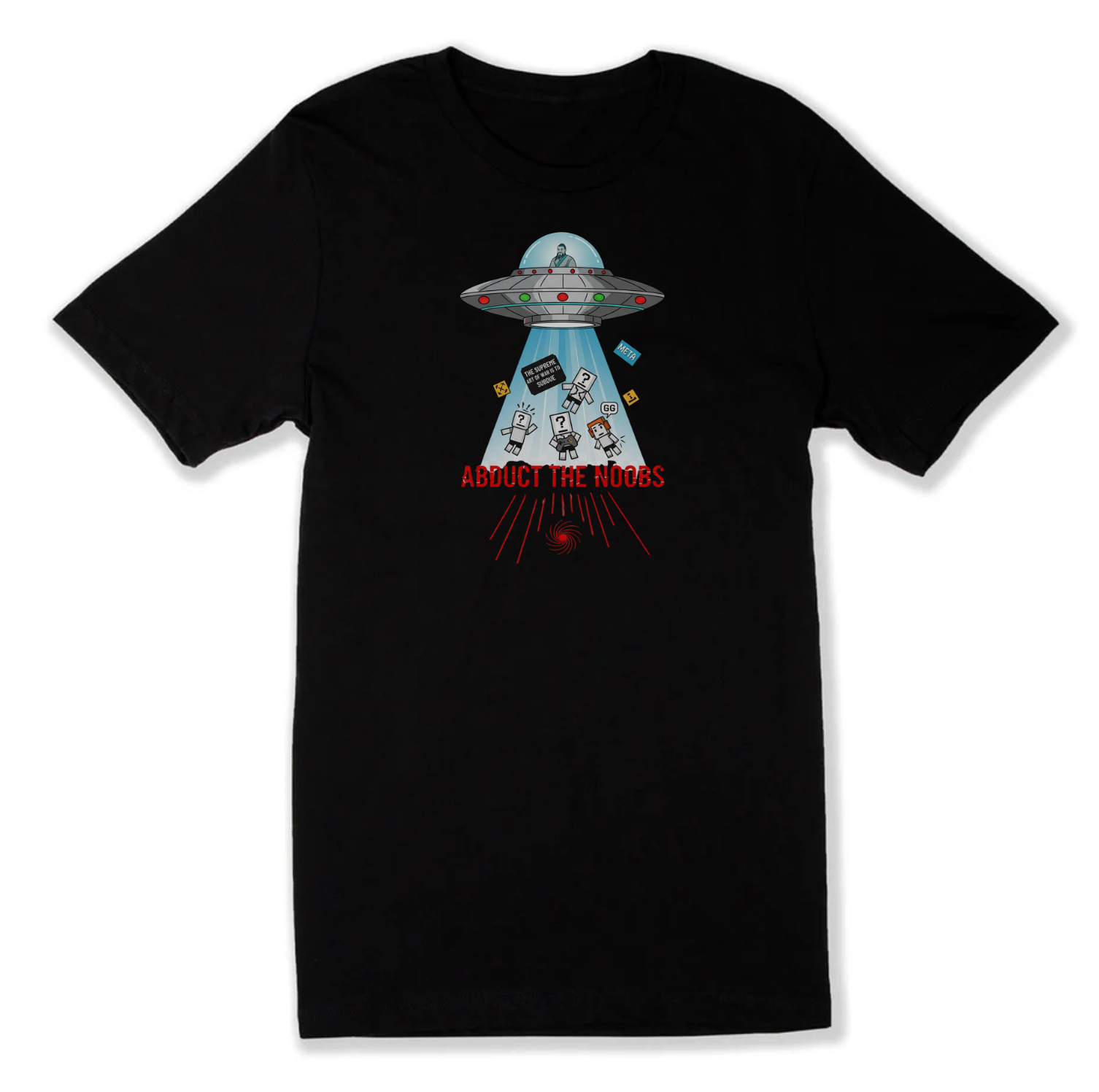 Black UFO graphic tee with abduction humor and alien text