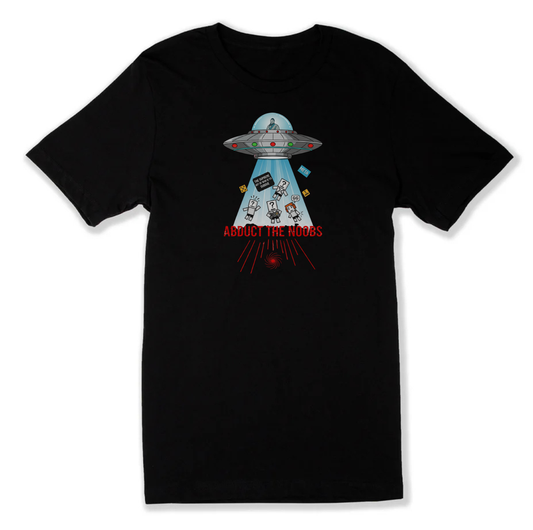 Black UFO graphic tee with abduction humor and alien text