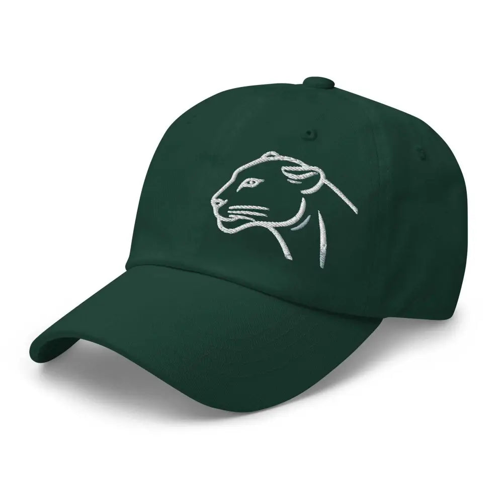 Dark green adjustable cotton baseball wildlife hat with white panther head