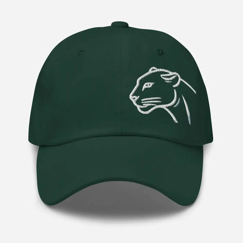Dark green adjustable cotton baseball wildlife hat with white panther embroidery