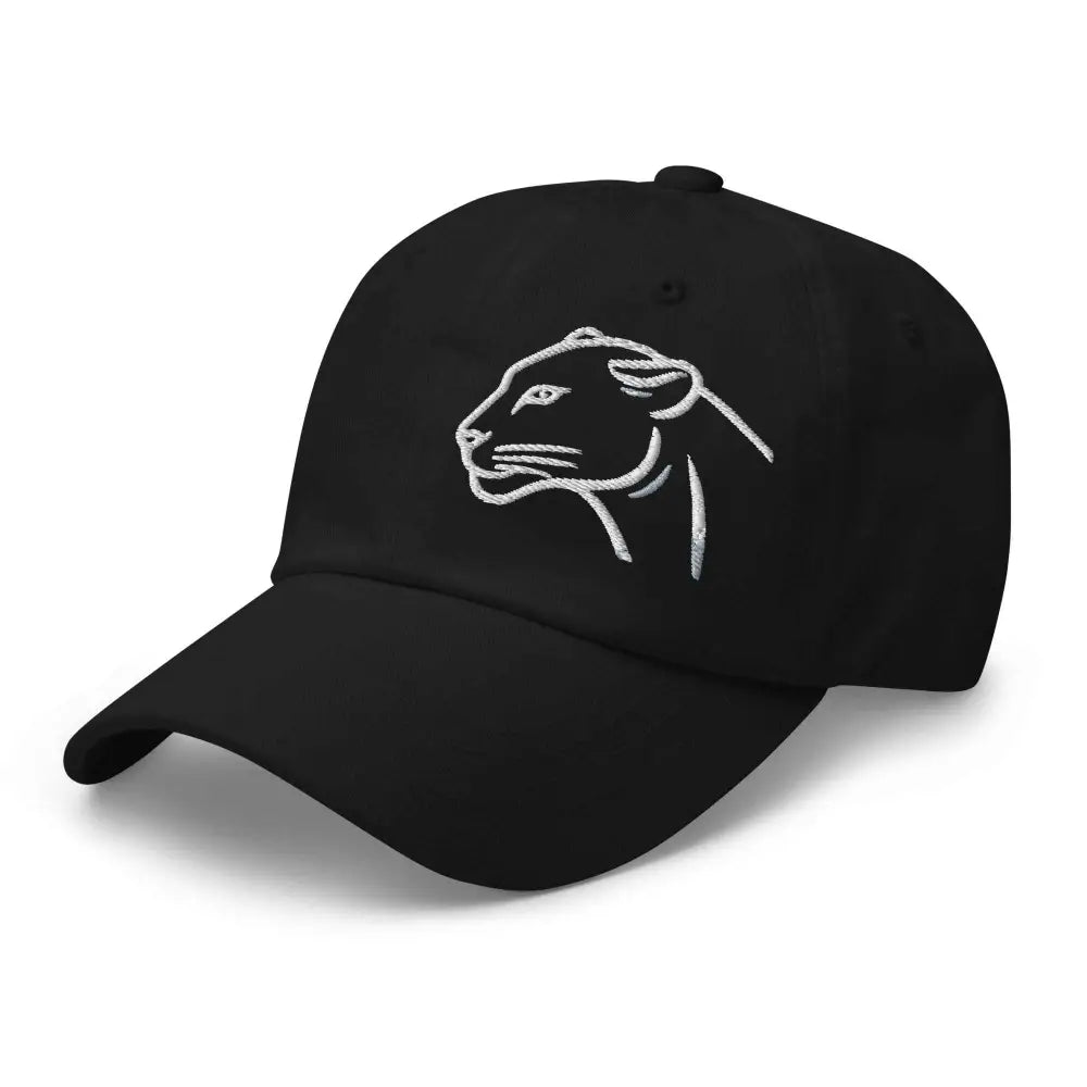 Black wildlife hat with adjustable cotton baseball cap and white panther outline embroidery