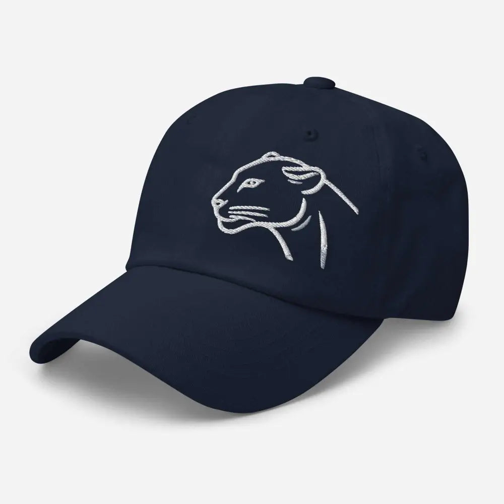 Navy blue wildlife hat with white embroidered panther head, adjustable cotton baseball cap