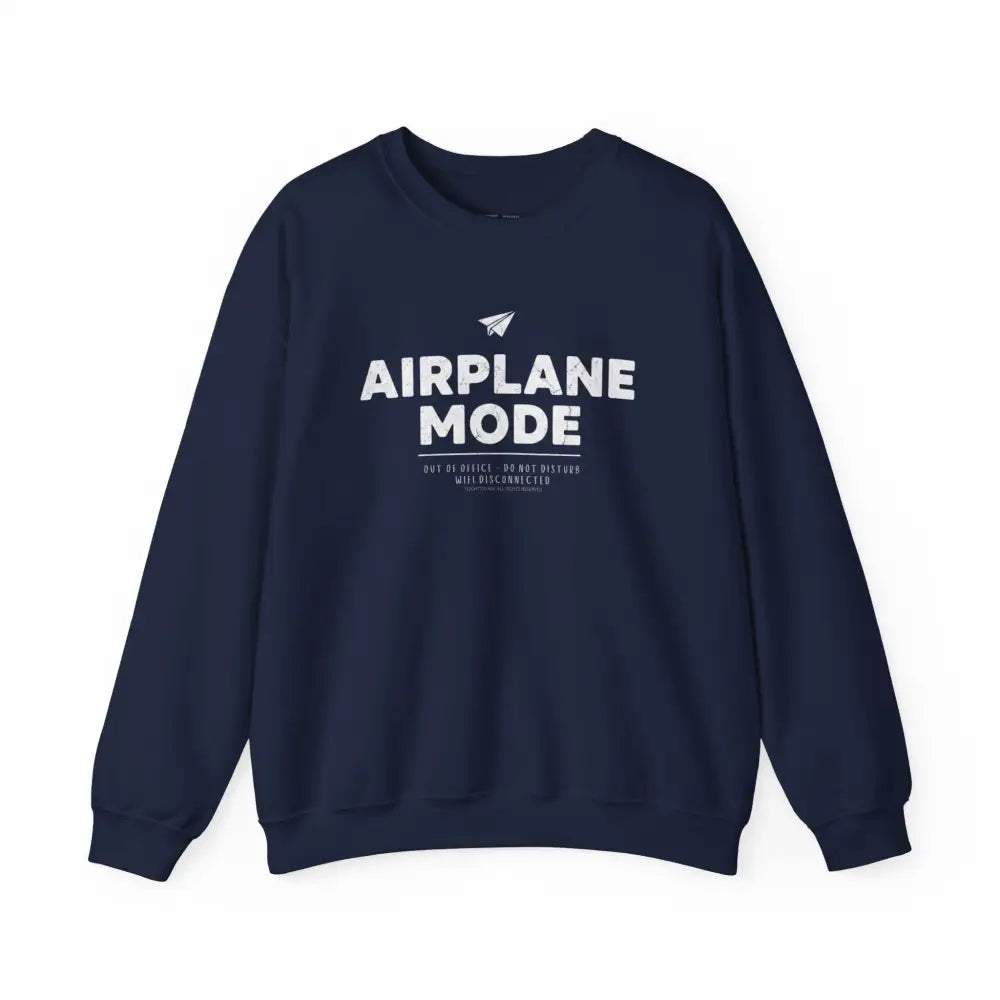 Dark blue Airplane Mode Crewneck Sweatshirt with paper plane icon and travel graphic