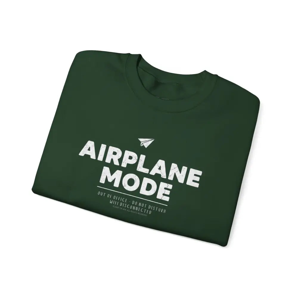 Dark green airplane mode crewneck sweatshirt with airplane mode graphic for travel and lifestyle