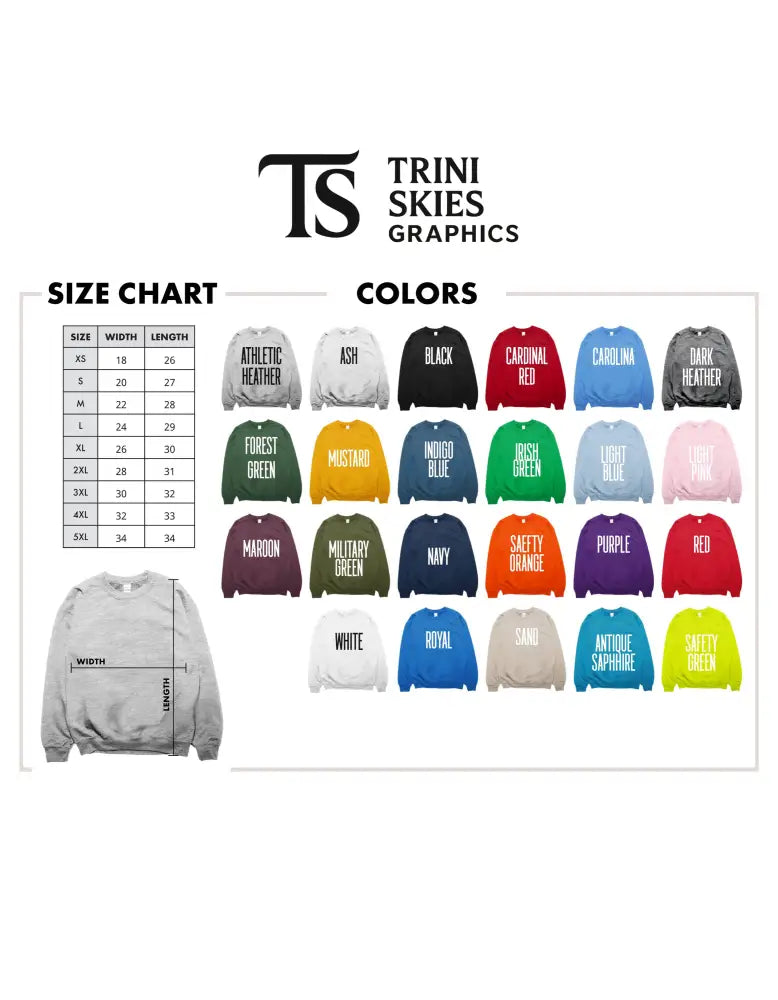 Airplane Mode Crewneck Sweatshirt size chart and color options for Gildan 18000 pullover