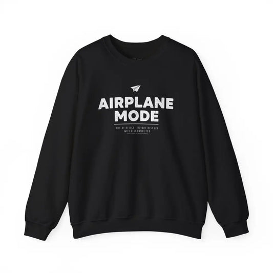 Black Airplane Mode Crewneck Sweatshirt with white paper airplane graphic for travel style