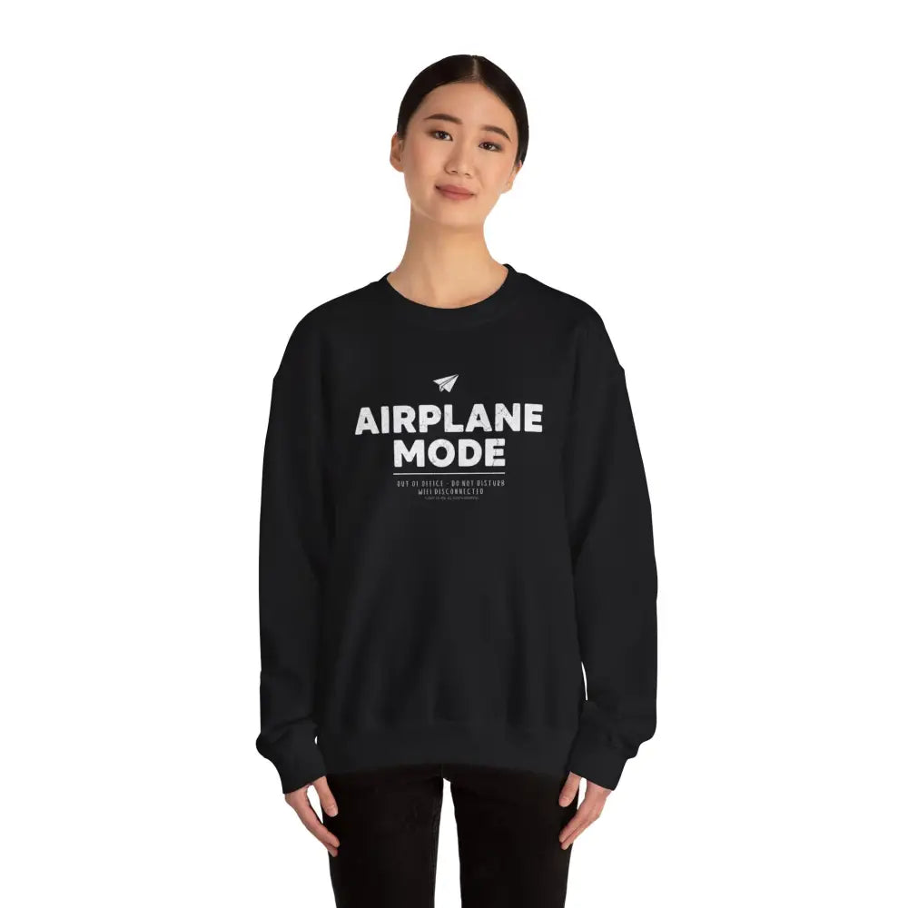Black Airplane Mode Crewneck Sweatshirt with paper airplane graphic and white text